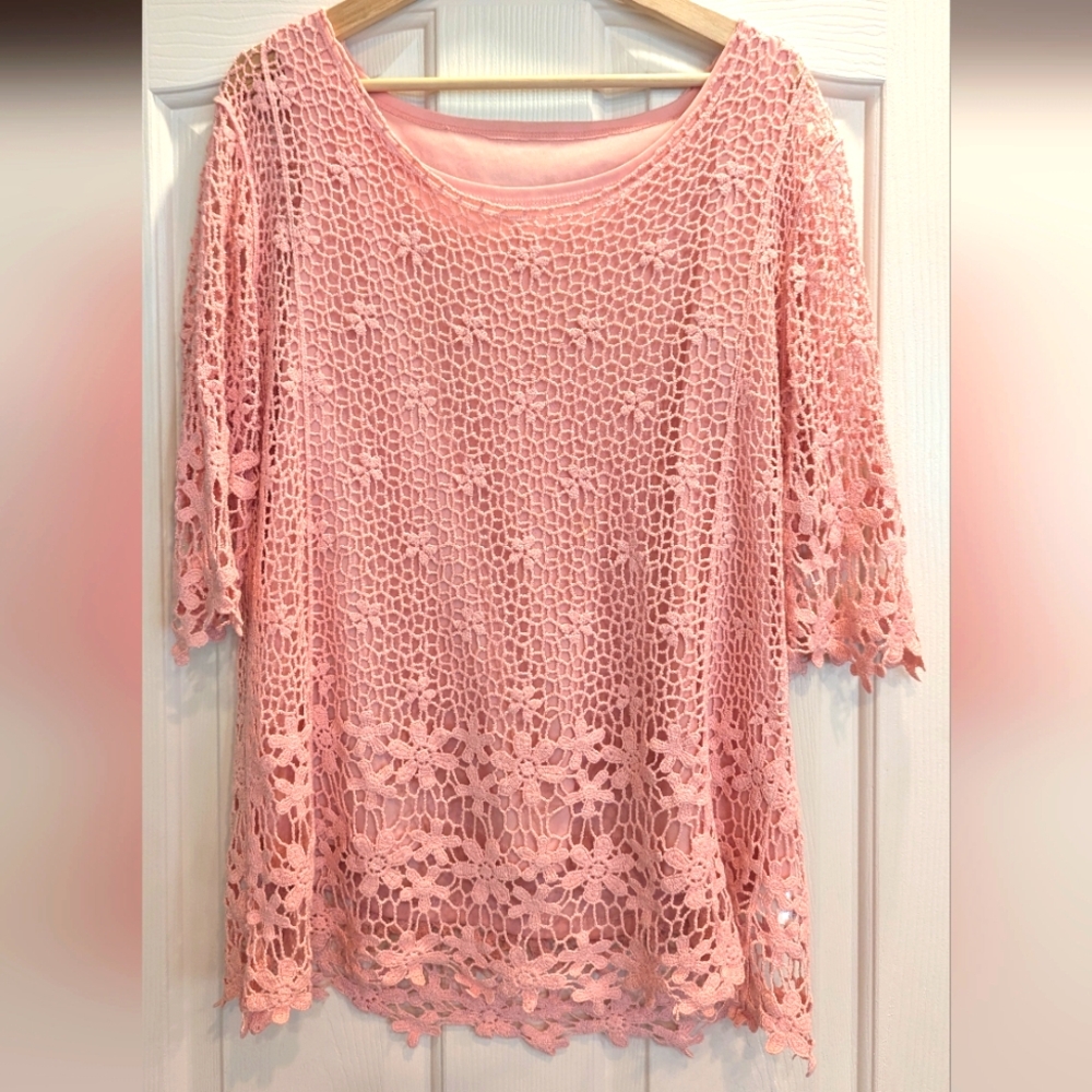 Karen Hart Open Knit Crochet Top Pink Size Large